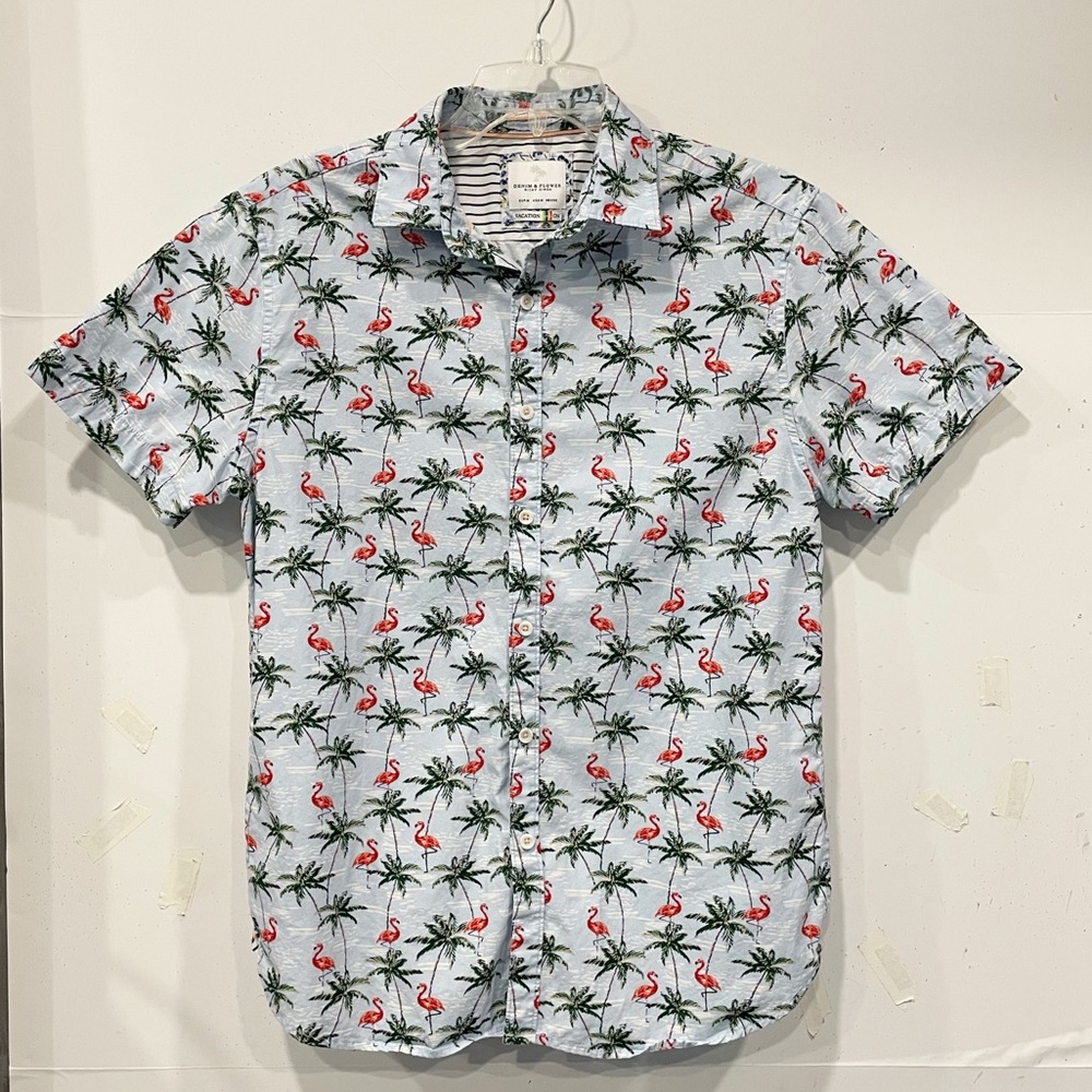 Mens Denim & Flowers Ricky Singh Mens Camp Button‎ Down Shirt Flamingos Sz Med